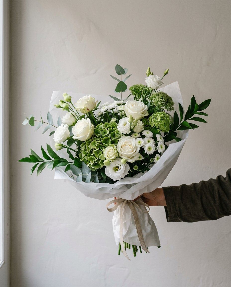 Calma: Rosas, lisianthus y crisantemo blancos con hortensia verde y eucalipto