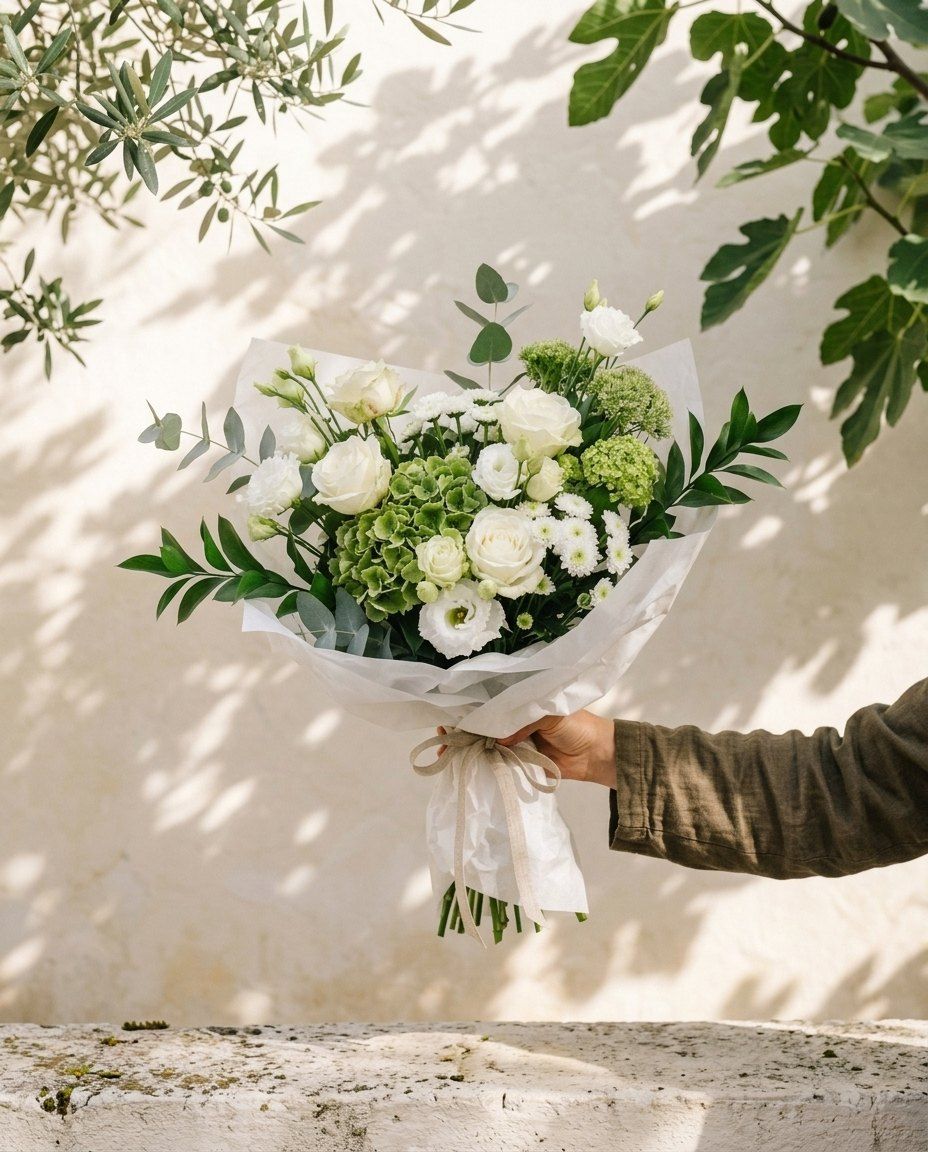 Calma: Rosas, lisianthus y crisantemo blancos con hortensia verde y eucalipto