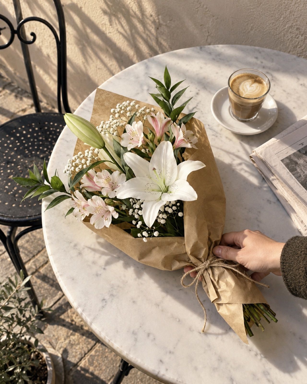 Detall: 2 lilium blancos, 3 alstroemerias, paniculata y verde, en papel kraft