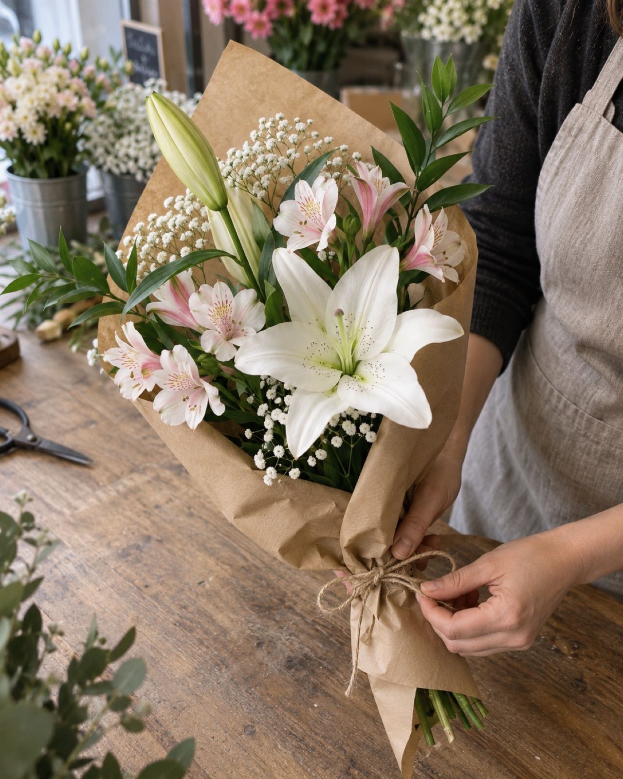 Detall: 2 lilium blancos, 3 alstroemerias, paniculata y verde, en papel kraft