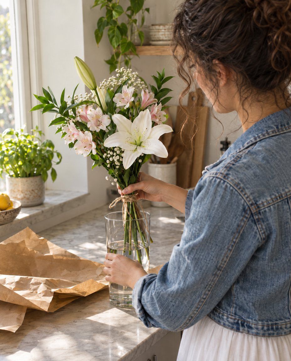 Detall: 2 lilium blancos, 3 alstroemerias, paniculata y verde, en papel kraft