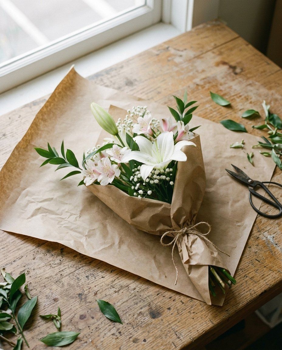 Detall: 2 lilium blancos, 3 alstroemerias, paniculata y verde, en papel kraft