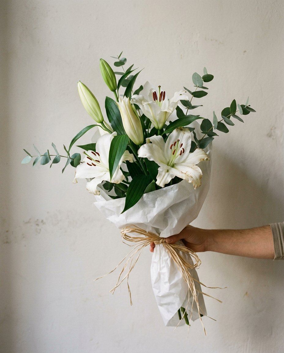 Augusta: 5 lilium oriental blanco con verde, alto y sencillo