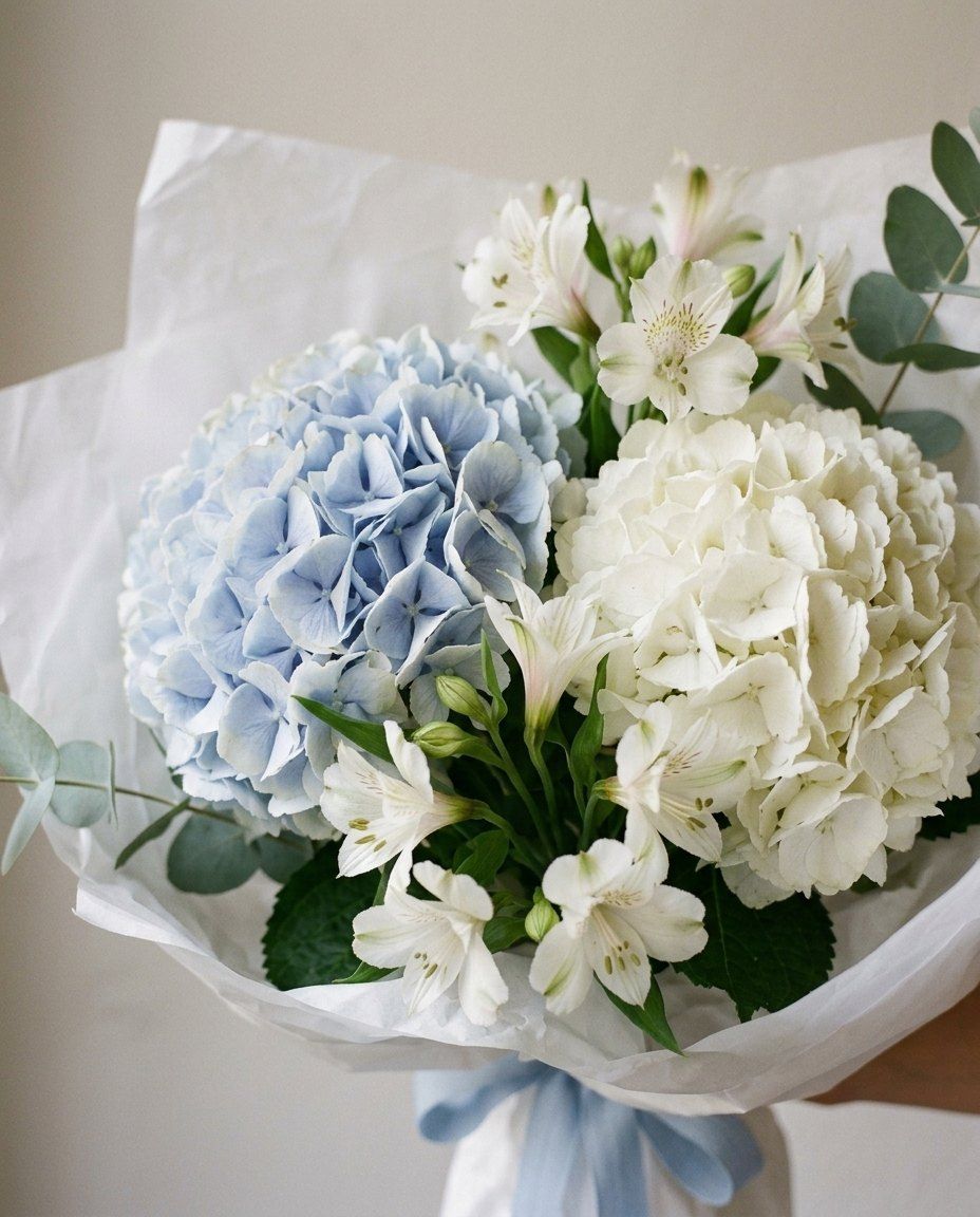 Mar: 2 hortensias, azul y blanca, con 5 alstroemerias y eucalipto
