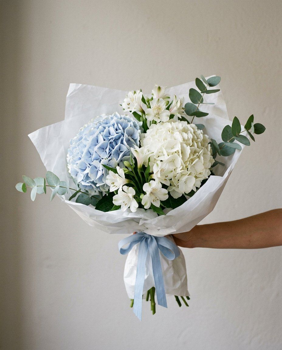Mar: 2 hortensias, azul y blanca, con 5 alstroemerias y eucalipto