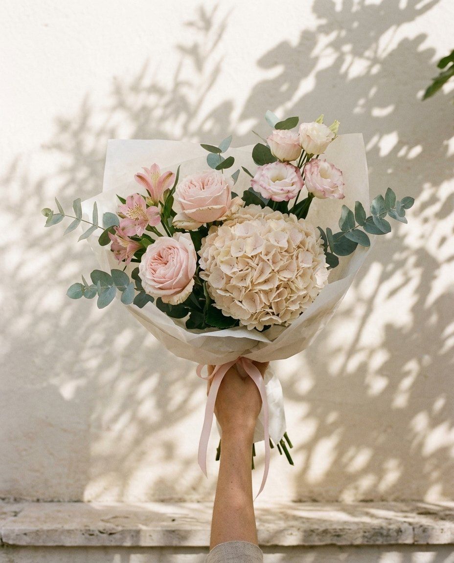 Gràcia: Hortensia, 3 rosas pastel, 3 lisianthus, 3 alstroemerias y eucalipto