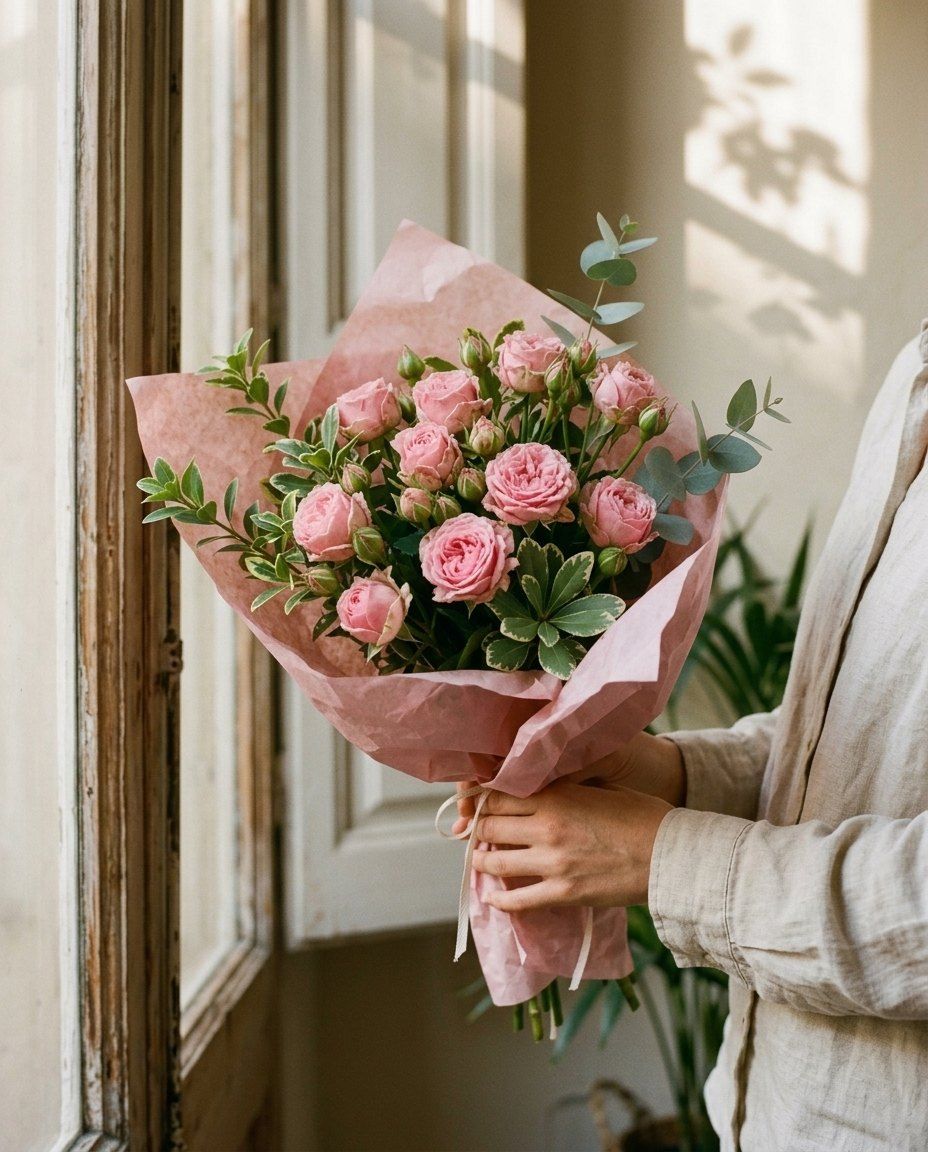 Petó: 5 ramas de rosa ramificada rosa con verde, en papel rosa