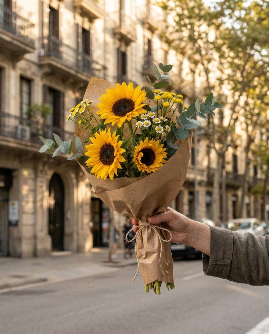 Platja: 3 girasoles con tanaceto amarillo y eucalipto, en papel kraft